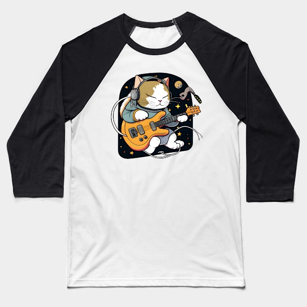 Cute Musician Cat Kitty Playing Guitar - Funny Cats Baseball T-Shirt by Daphne R. Ellington